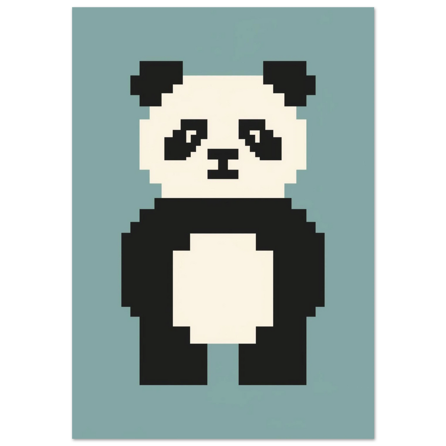 Pixelkonst av en panda i svartvitt mot blågrön bakgrund