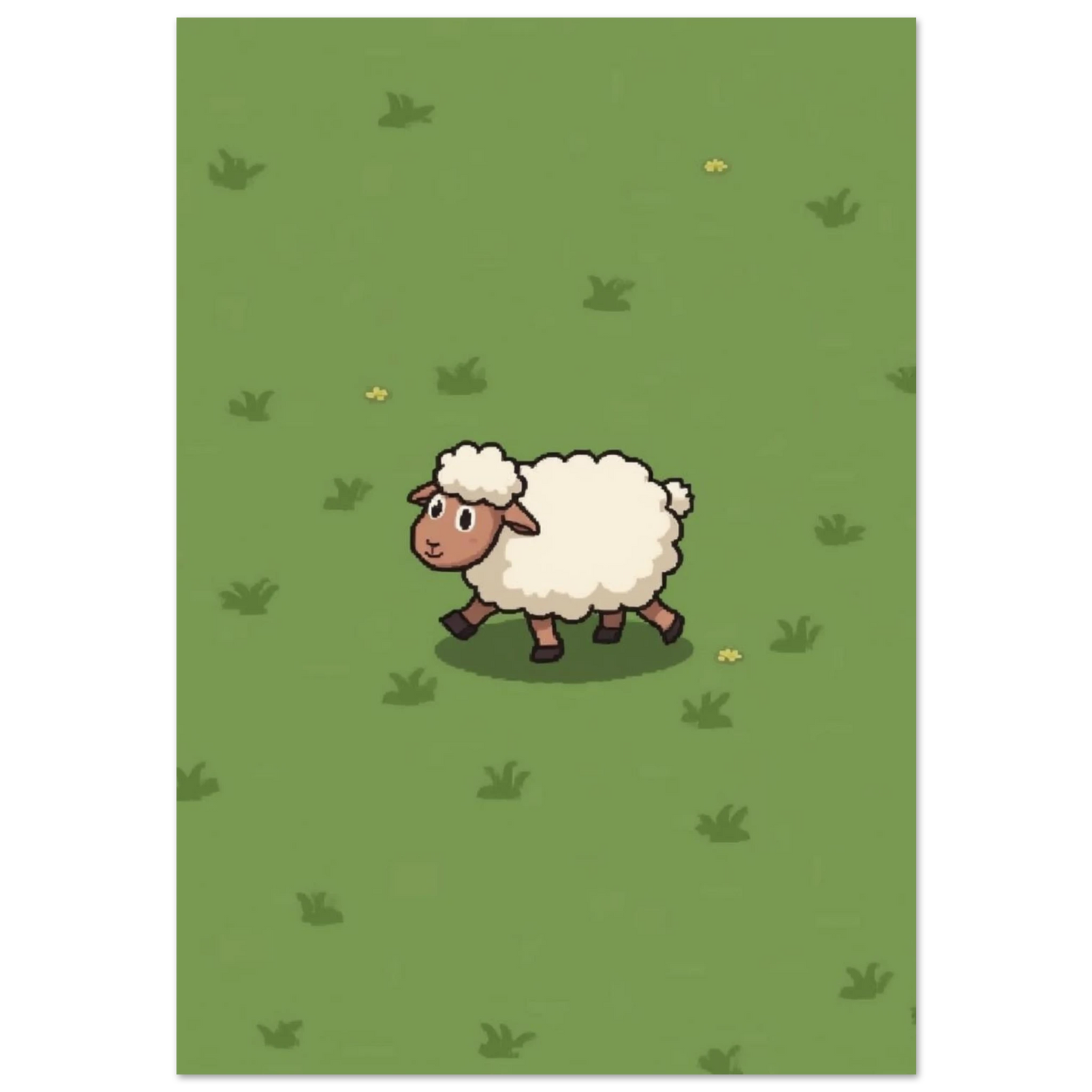 Vitt lamm i pixelart-stil på grön äng – lekfull barnrumsposter