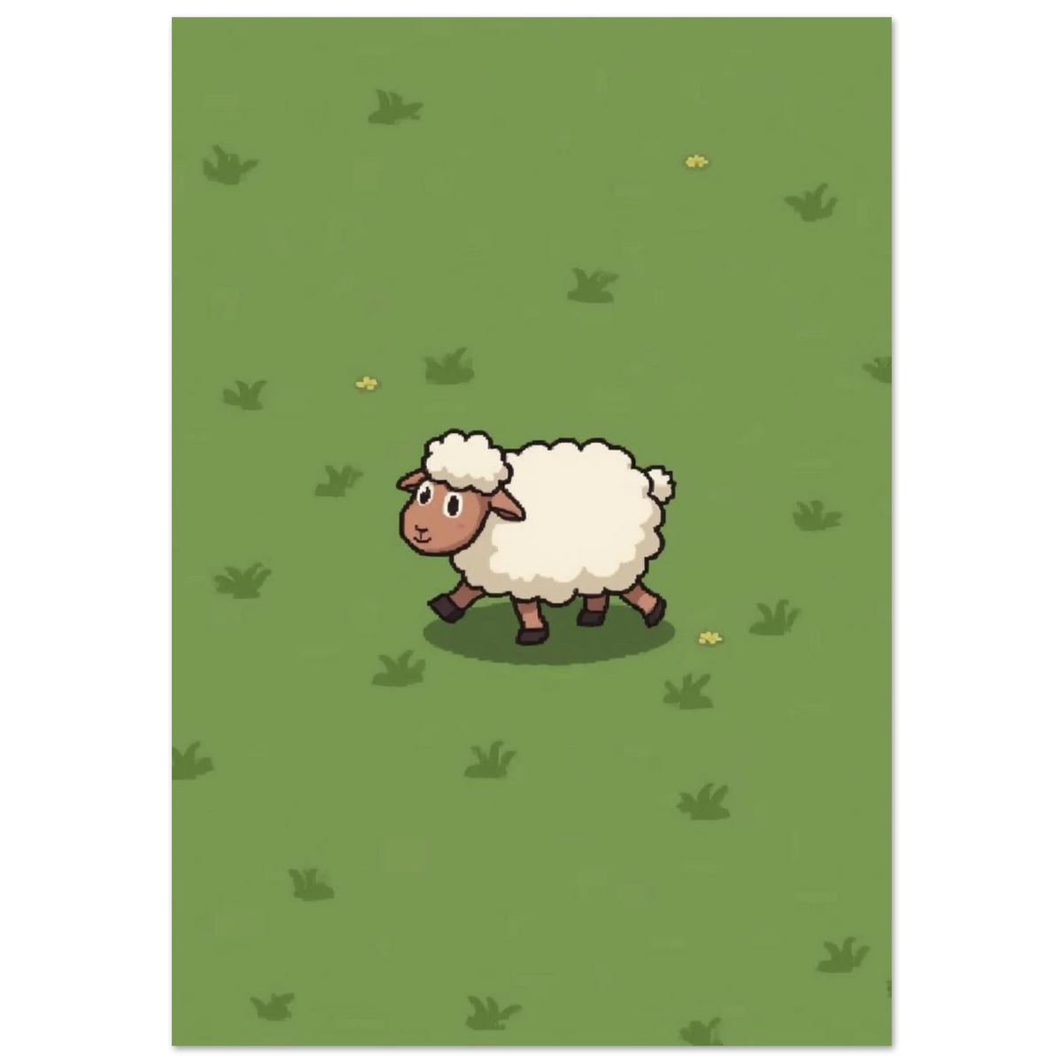 Vitt lamm i pixelart-stil på grön äng – lekfull barnrumsposter
