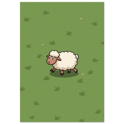 Vitt lamm i pixelart-stil på grön äng – lekfull barnrumsposter