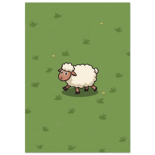 Vitt lamm i pixelart-stil på grön äng – lekfull barnrumsposter
