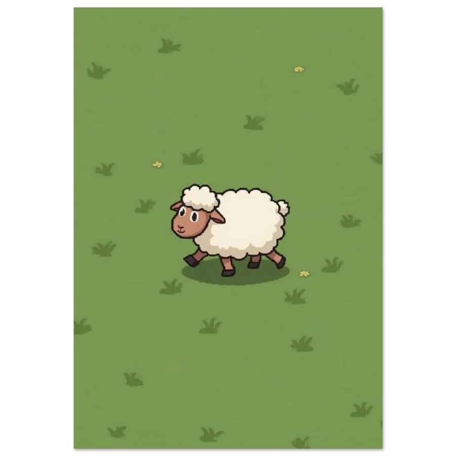 Vitt lamm i pixelart-stil på grön äng – lekfull barnrumsposter