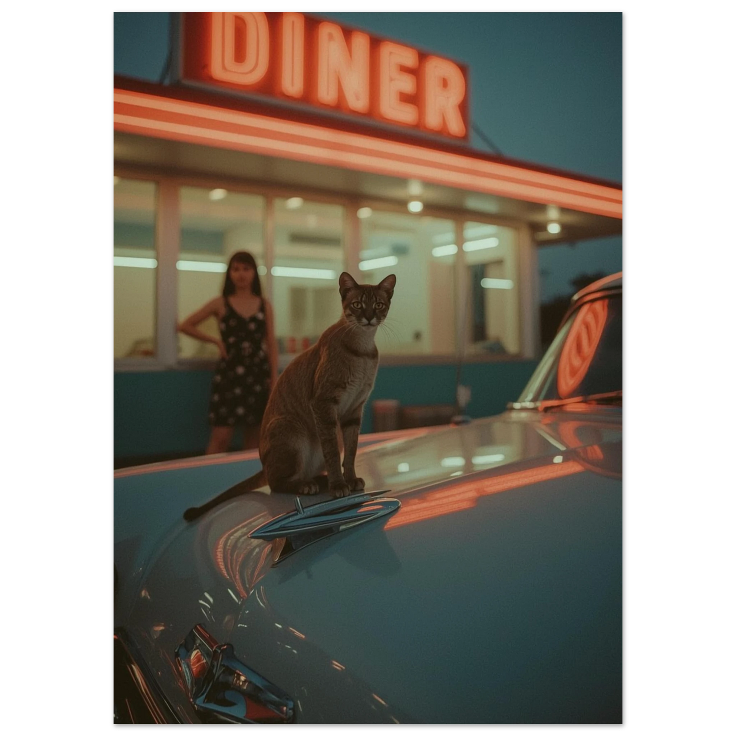 Brunspräcklig katt blickar framåt från en retrobil framför en lysande diner-skylt
