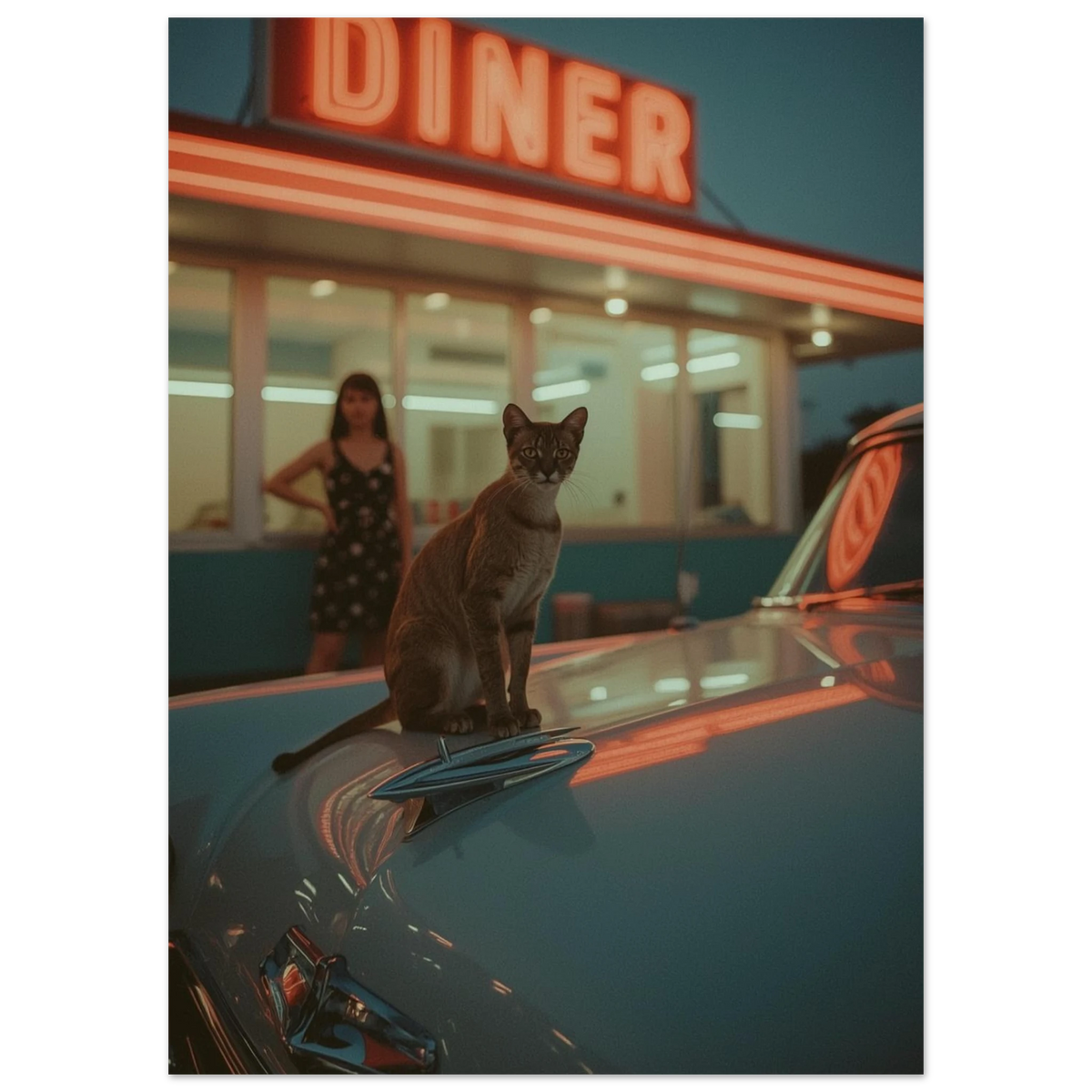 Brunspräcklig katt blickar framåt från en retrobil framför en lysande diner-skylt