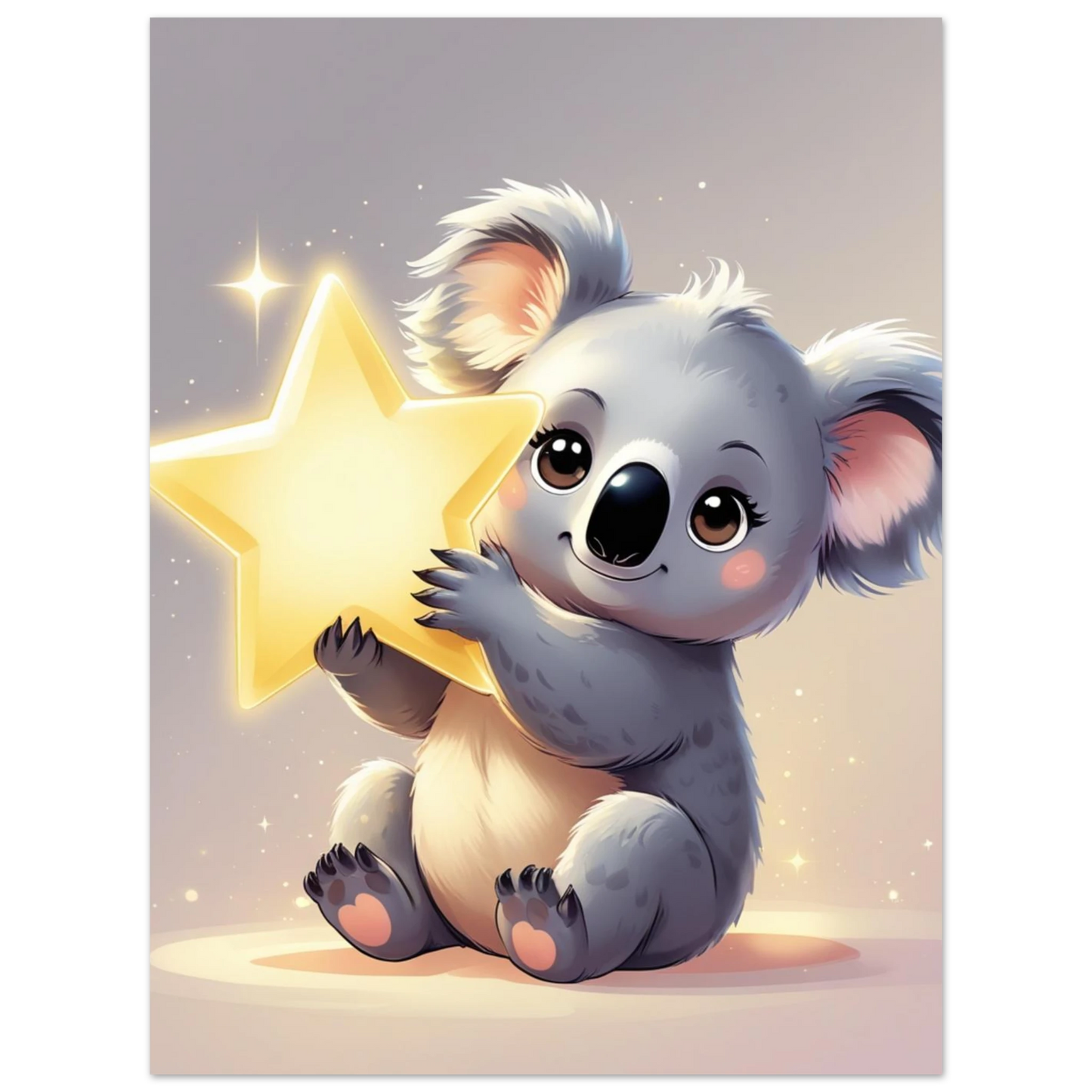 Drömsk illustration av en fluffig koala som fångat en lysande stjärna