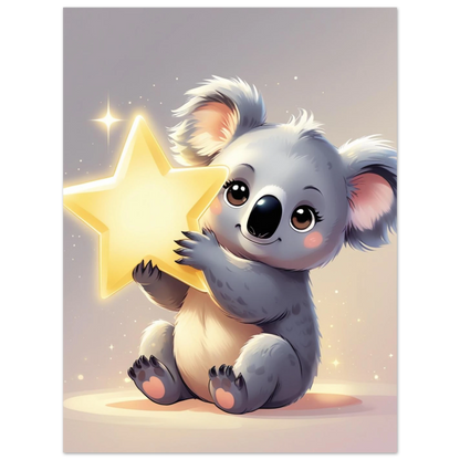 Drömsk illustration av en fluffig koala som fångat en lysande stjärna