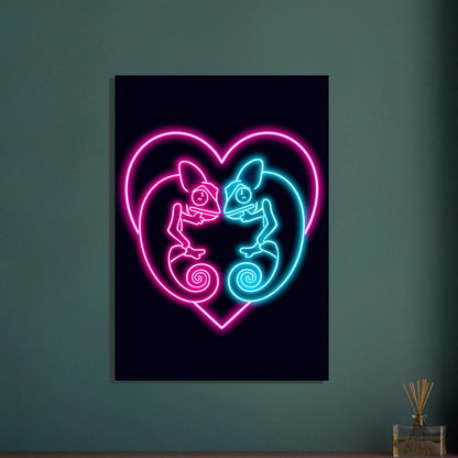 Två neonkameleontar i ett hjärta, symboliserar kärlek och harmoni.