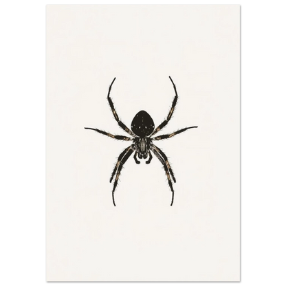 Svartvit illustration av en spindel i minimalistisk sumi-e stil