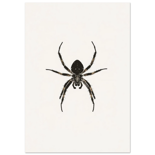 Svartvit illustration av en spindel i minimalistisk sumi-e stil