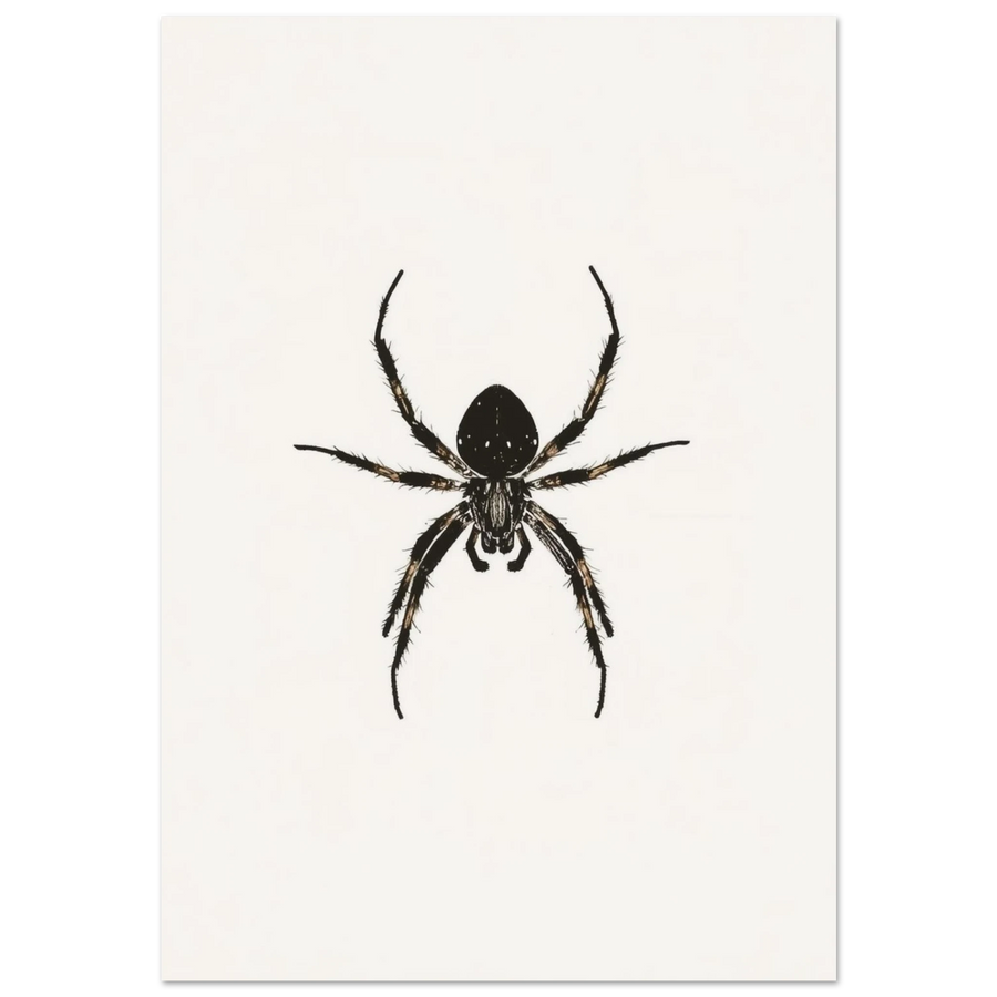 Svartvit illustration av en spindel i minimalistisk sumi-e stil