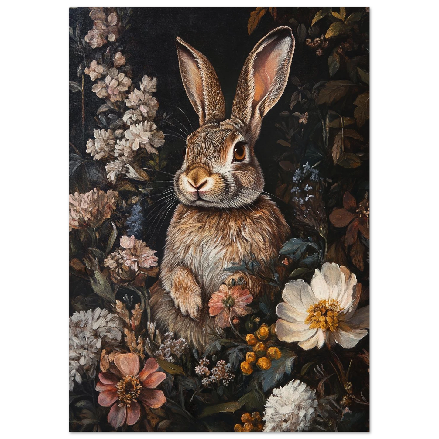 Målad tavla av en kanin bland dämpade blommor och gröna blad