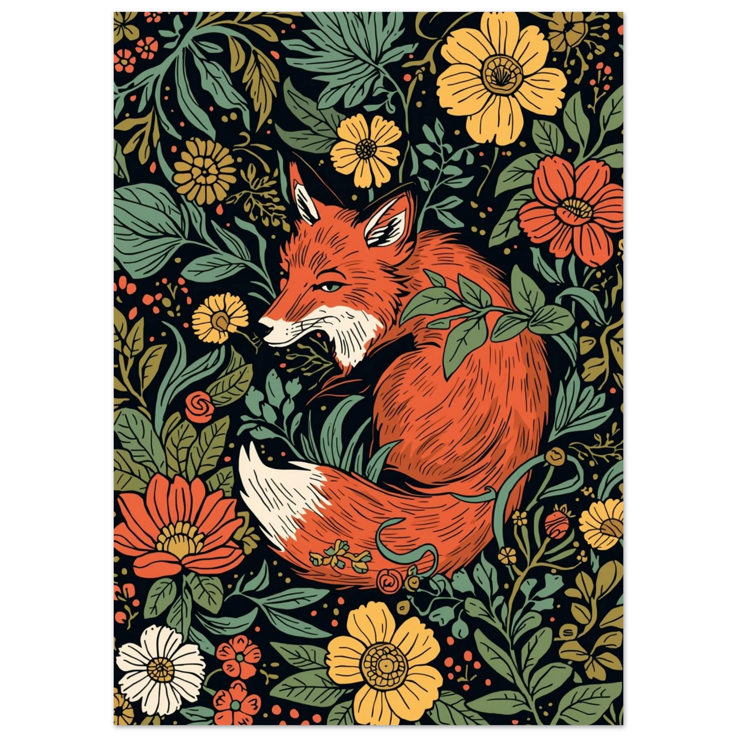 Konstnärlig djurposter föreställande en räv omgiven av gula och orangea blommor