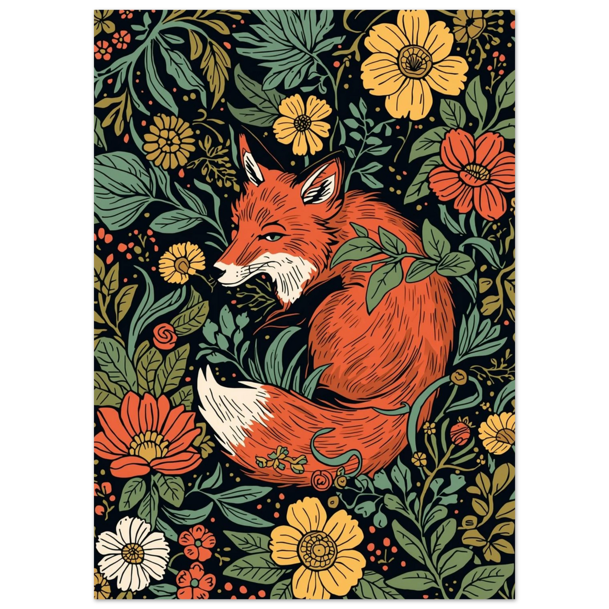 Konstnärlig djurposter föreställande en räv omgiven av gula och orangea blommor