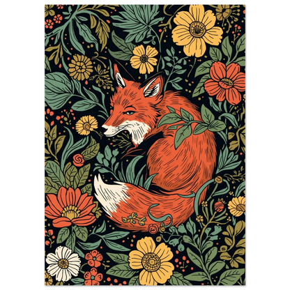 Konstnärlig djurposter föreställande en räv omgiven av gula och orangea blommor