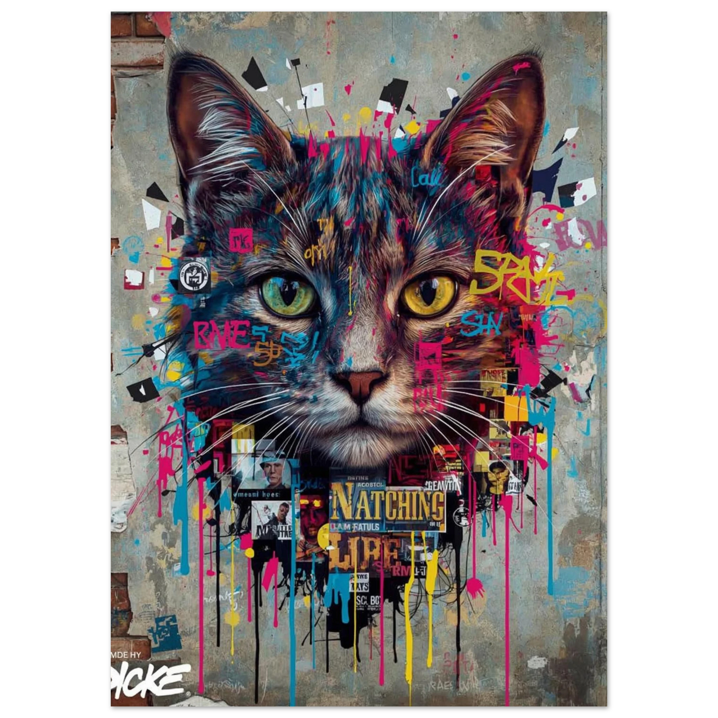 Närbild av katt i urban konststil med färgstänk på grå vägg