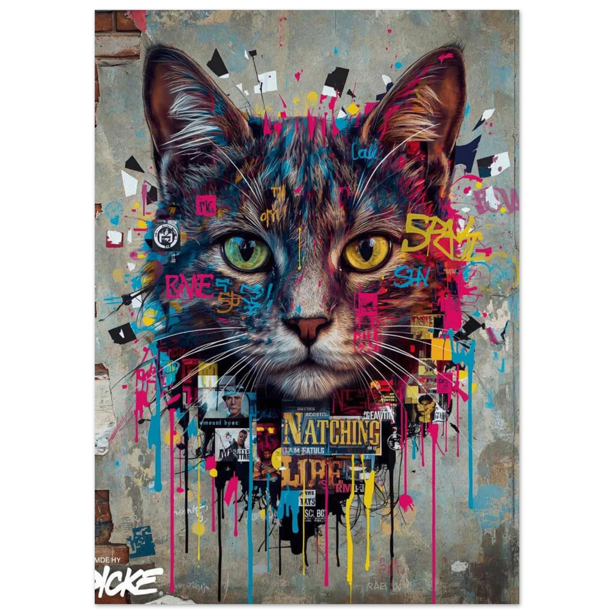 Närbild av katt i urban konststil med färgstänk på grå vägg
