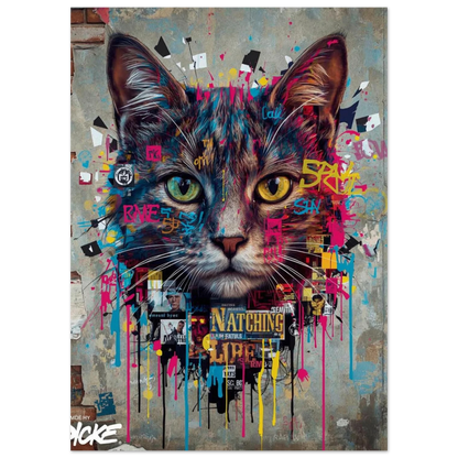 Närbild av katt i urban konststil med färgstänk på grå vägg