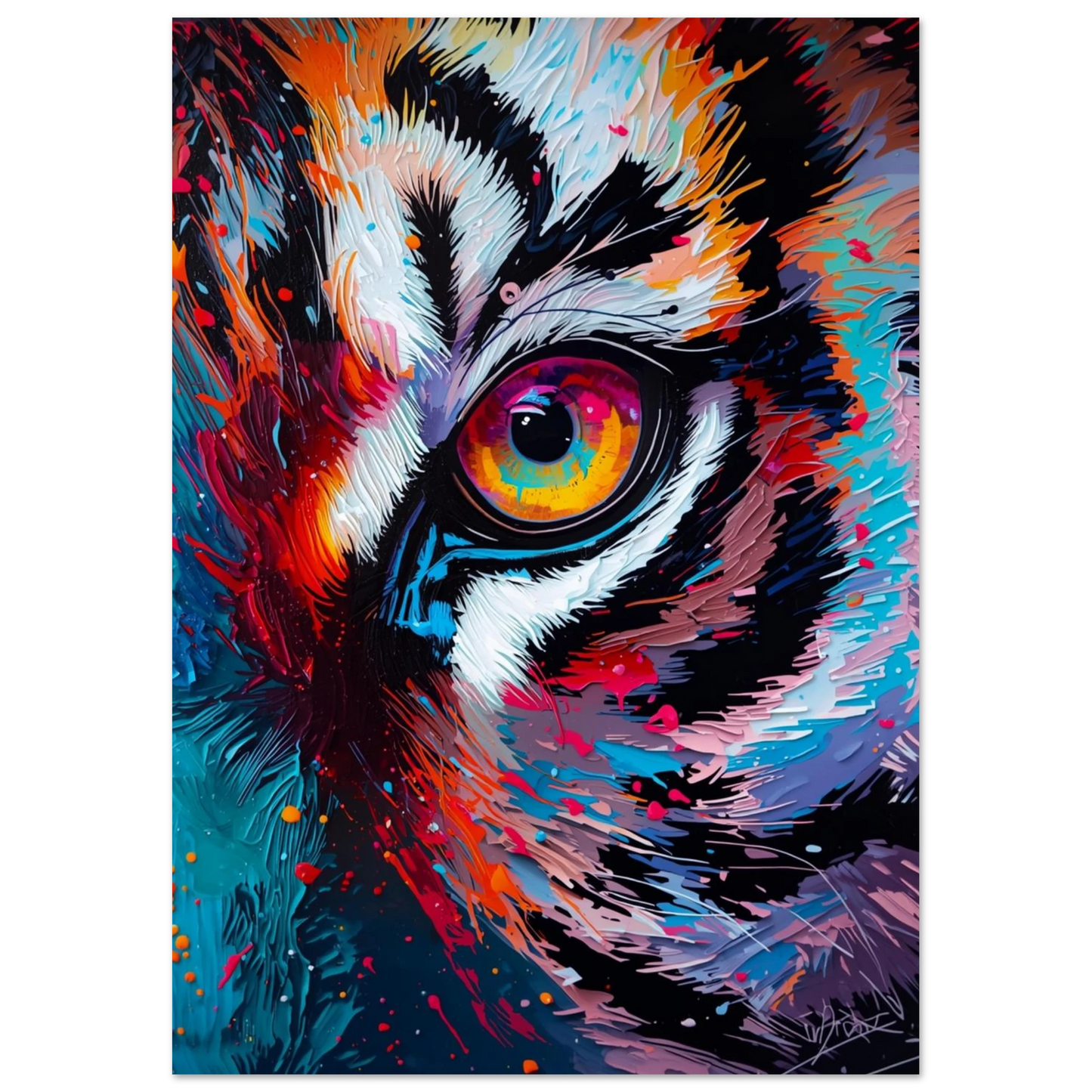 Expressionistisk djurposter föreställande en tiger med intensiv blick och färgstark textur