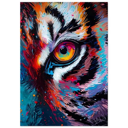Expressionistisk djurposter föreställande en tiger med intensiv blick och färgstark textur