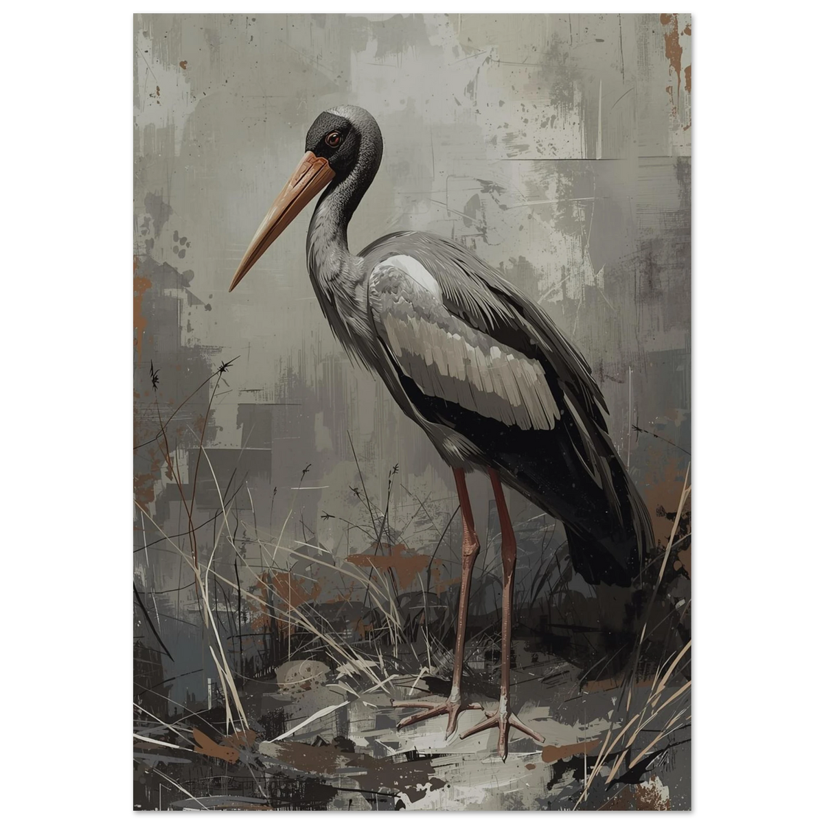 Maraboustork i grå och bruna toner – konstnärlig djurposter med abstrakt bakgrund
