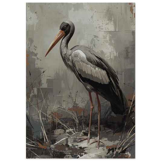 Maraboustork i grå och bruna toner – konstnärlig djurposter med abstrakt bakgrund