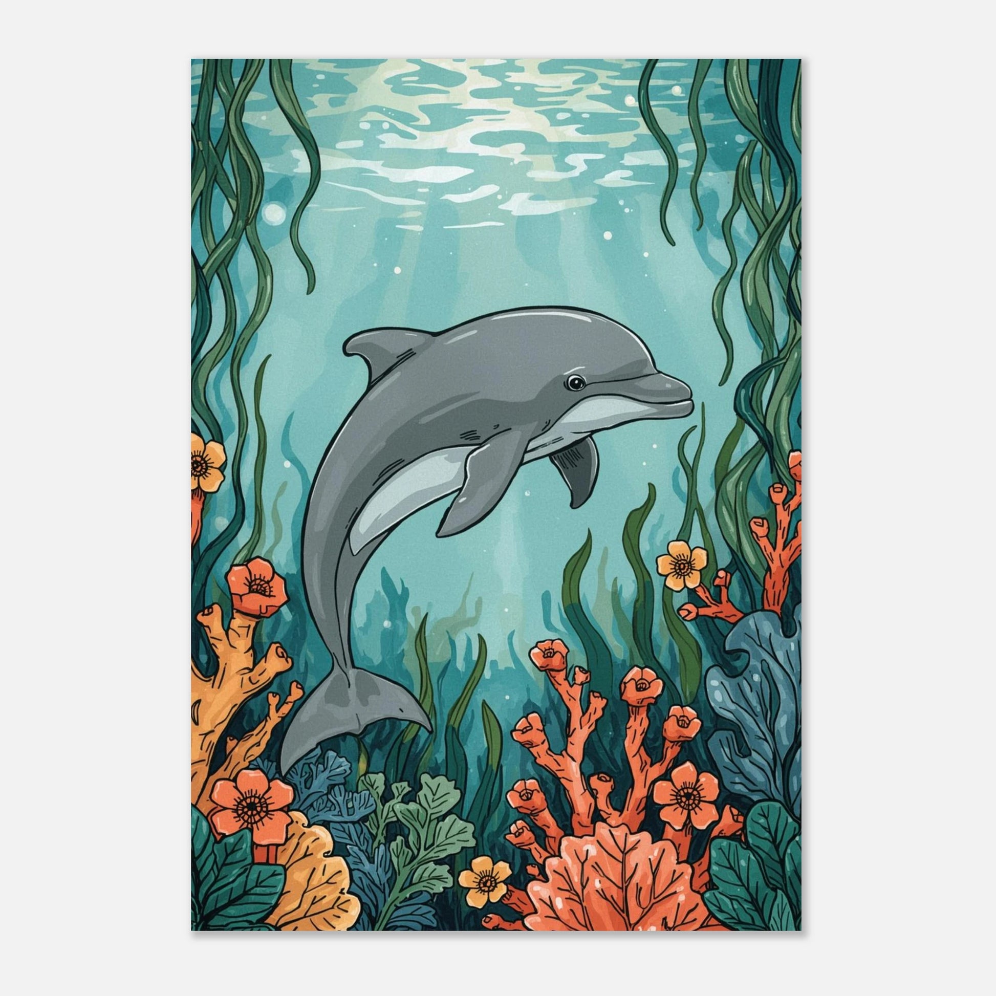 Digital illustration av en delfin i ett levande korallandskap, väggkonst