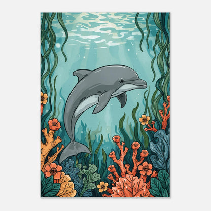 Digital illustration av en delfin i ett levande korallandskap, väggkonst