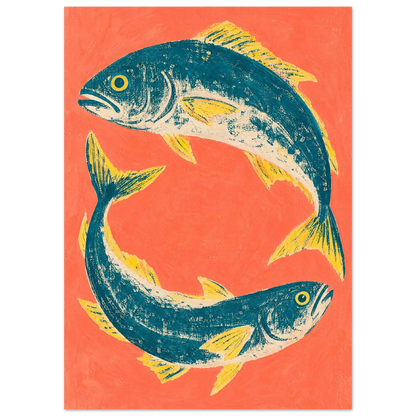 Tonfisk i grafisk cirkelkomposition på varm korallfärgad bakgrund