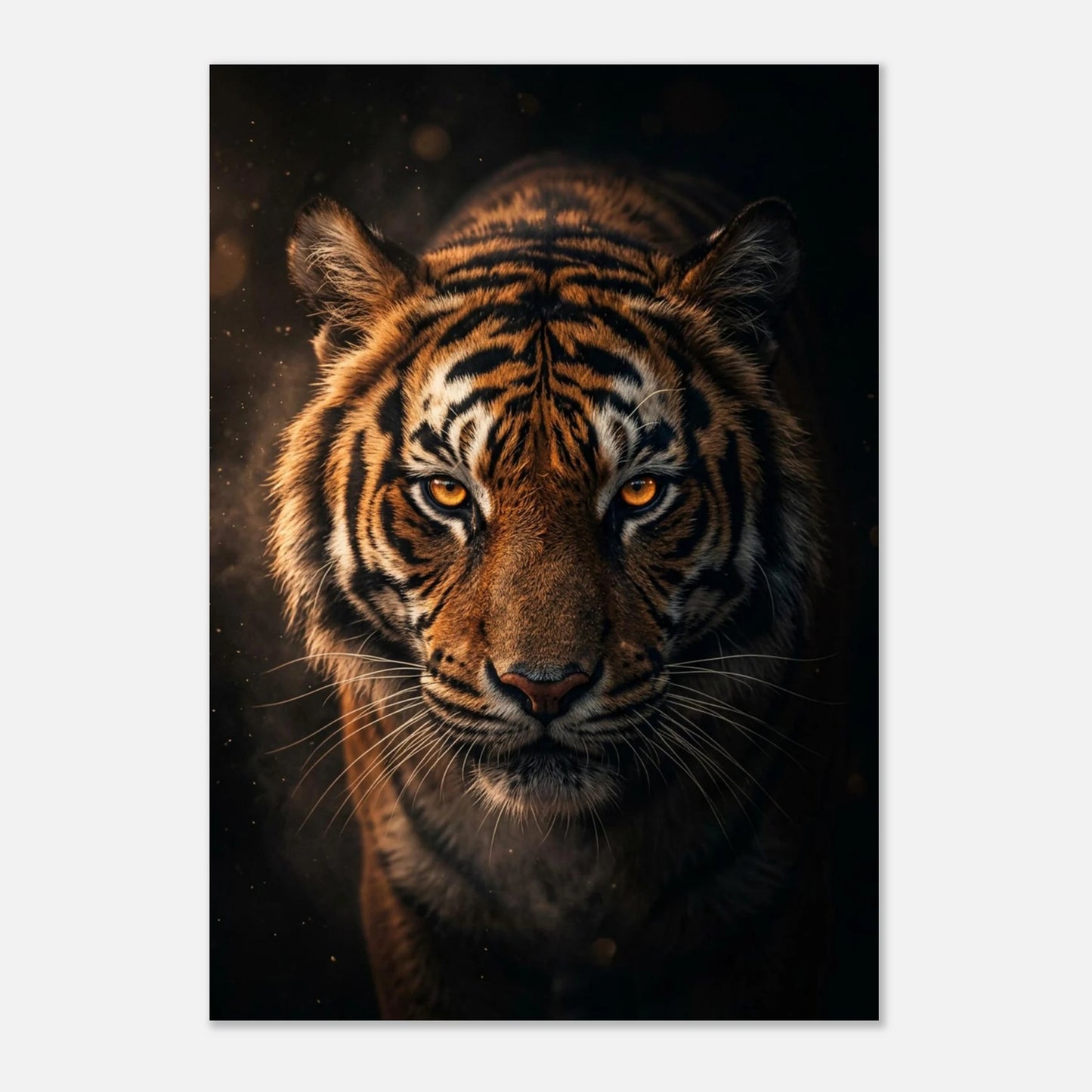 Intensiv tiger blickar framåt ur mörkret med glödande ögon.