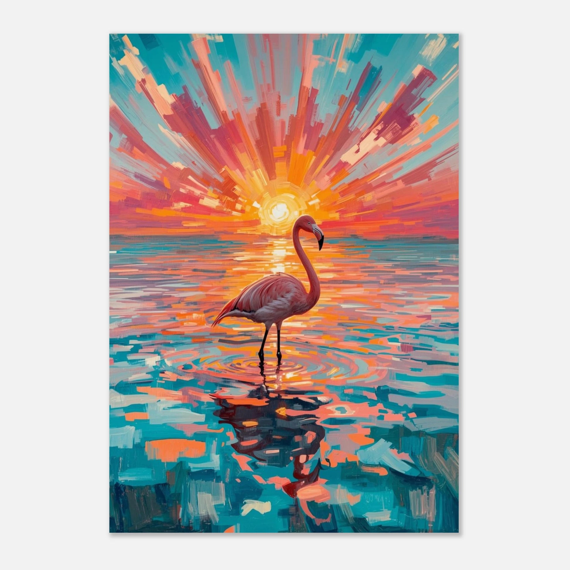Konstnärligt print av en flamingo vid horisonten med turkosa och rosa toner