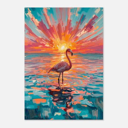 Konstnärligt print av en flamingo vid horisonten med turkosa och rosa toner