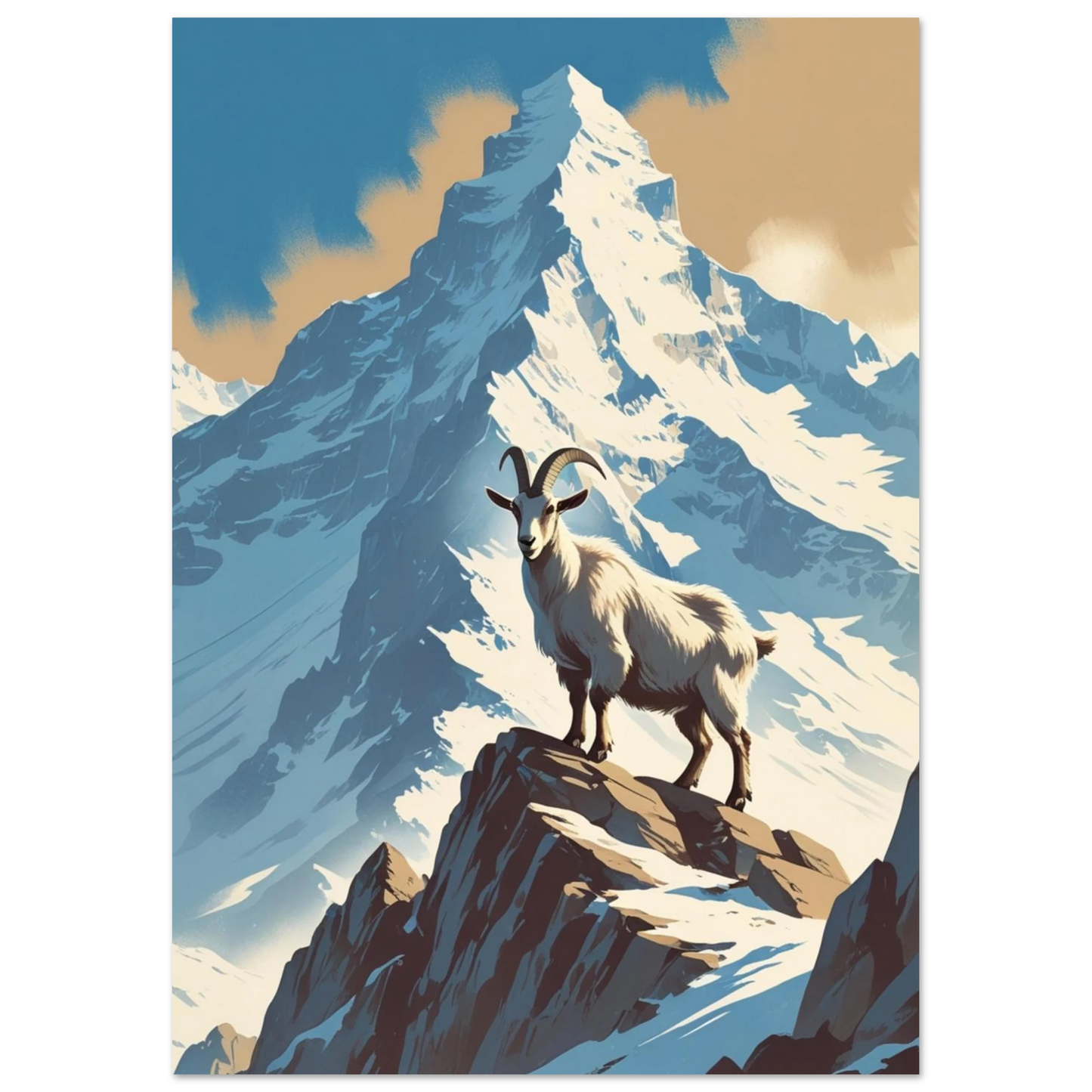 Illustration av vit bergsget som blickar ut över snölandskap och berg