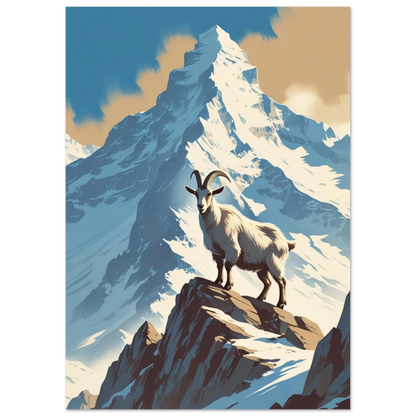 Illustration av vit bergsget som blickar ut över snölandskap och berg