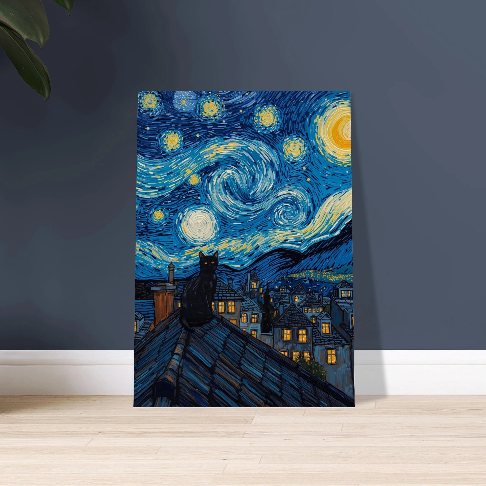Svart katt på tak under stjärnklar natt, Van Gogh-inspirerad stil