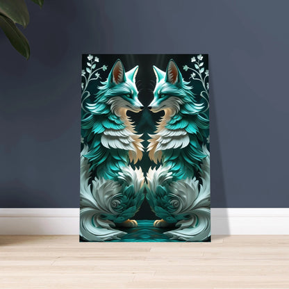 Symmetriskt konstverk med två turkosa rävar i fantasifull design.