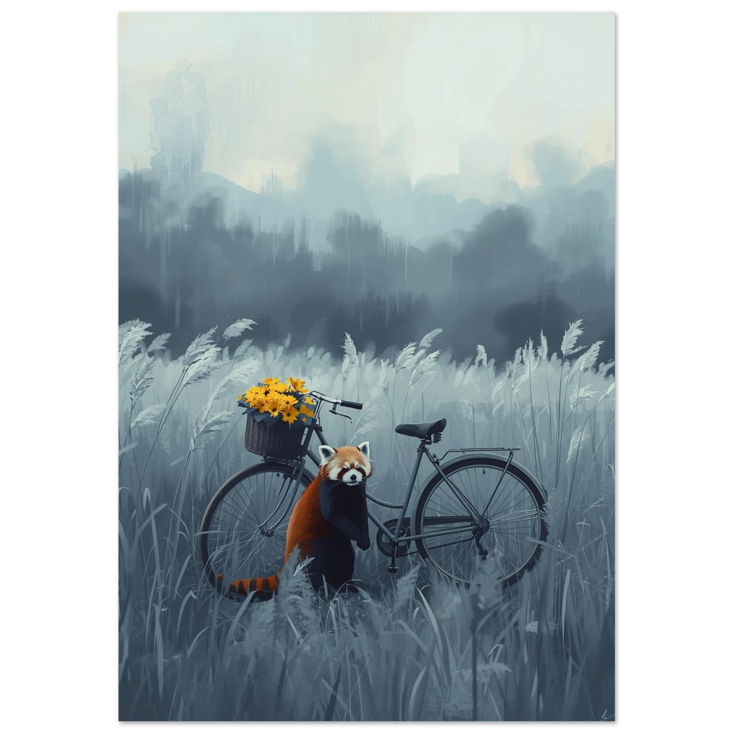 Röd panda vid cykel med gula blommor i gråblått ängslandskap
