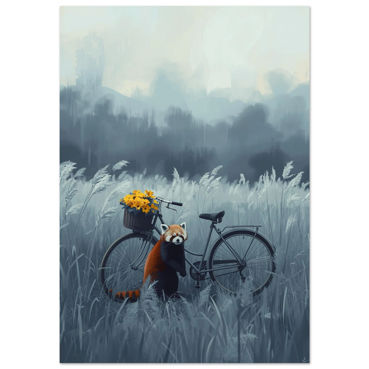Röd panda vid cykel med gula blommor i gråblått ängslandskap