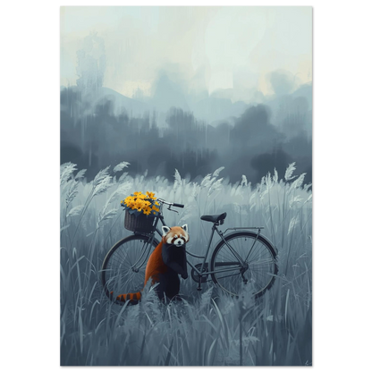 Röd panda vid cykel med gula blommor i gråblått ängslandskap