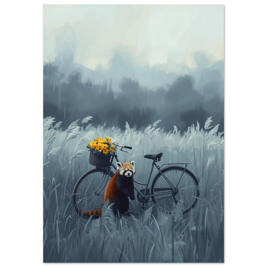 Röd panda vid cykel med gula blommor i gråblått ängslandskap