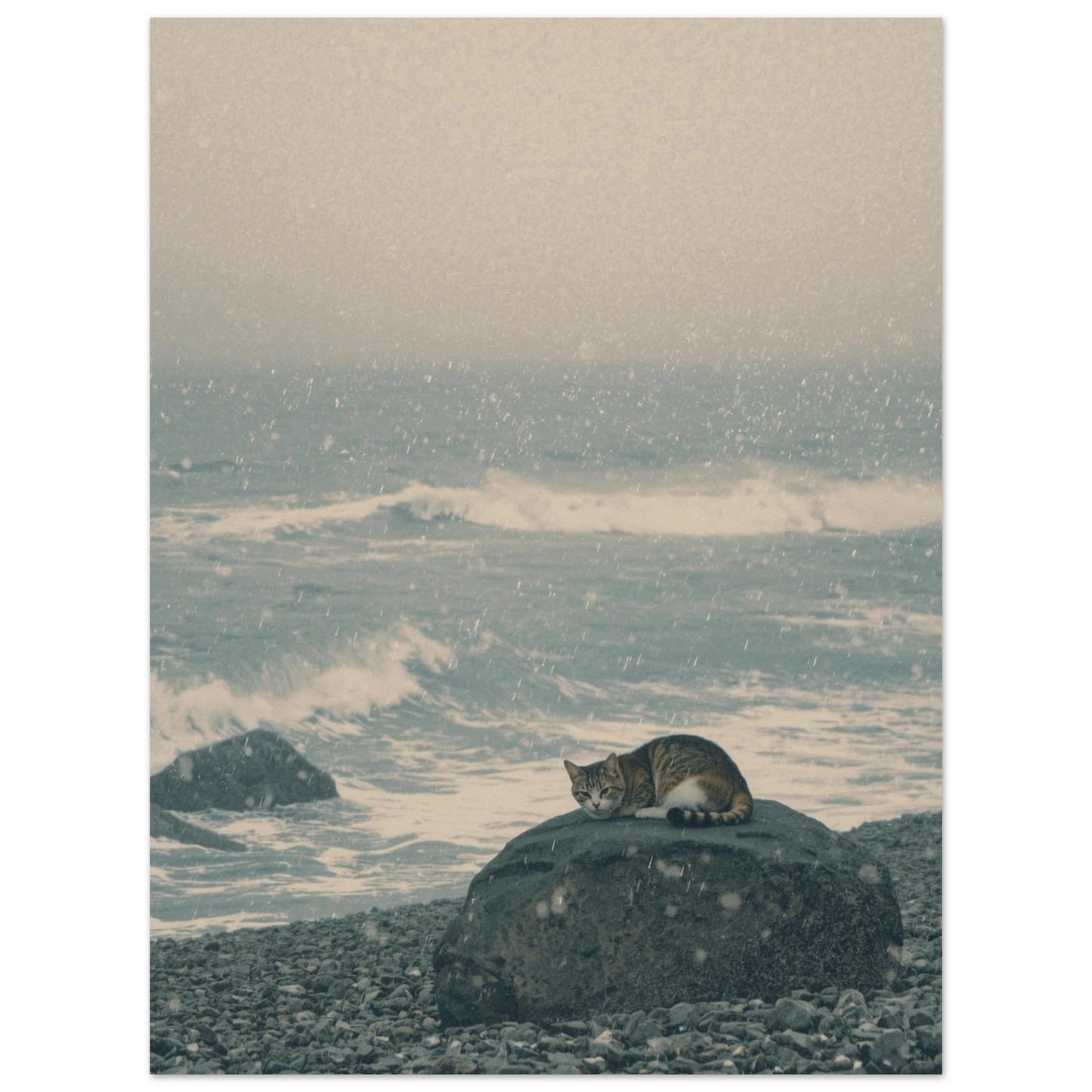 Vintermotiv av en katt vid havet, konstnärligt fotografi med snöflingor