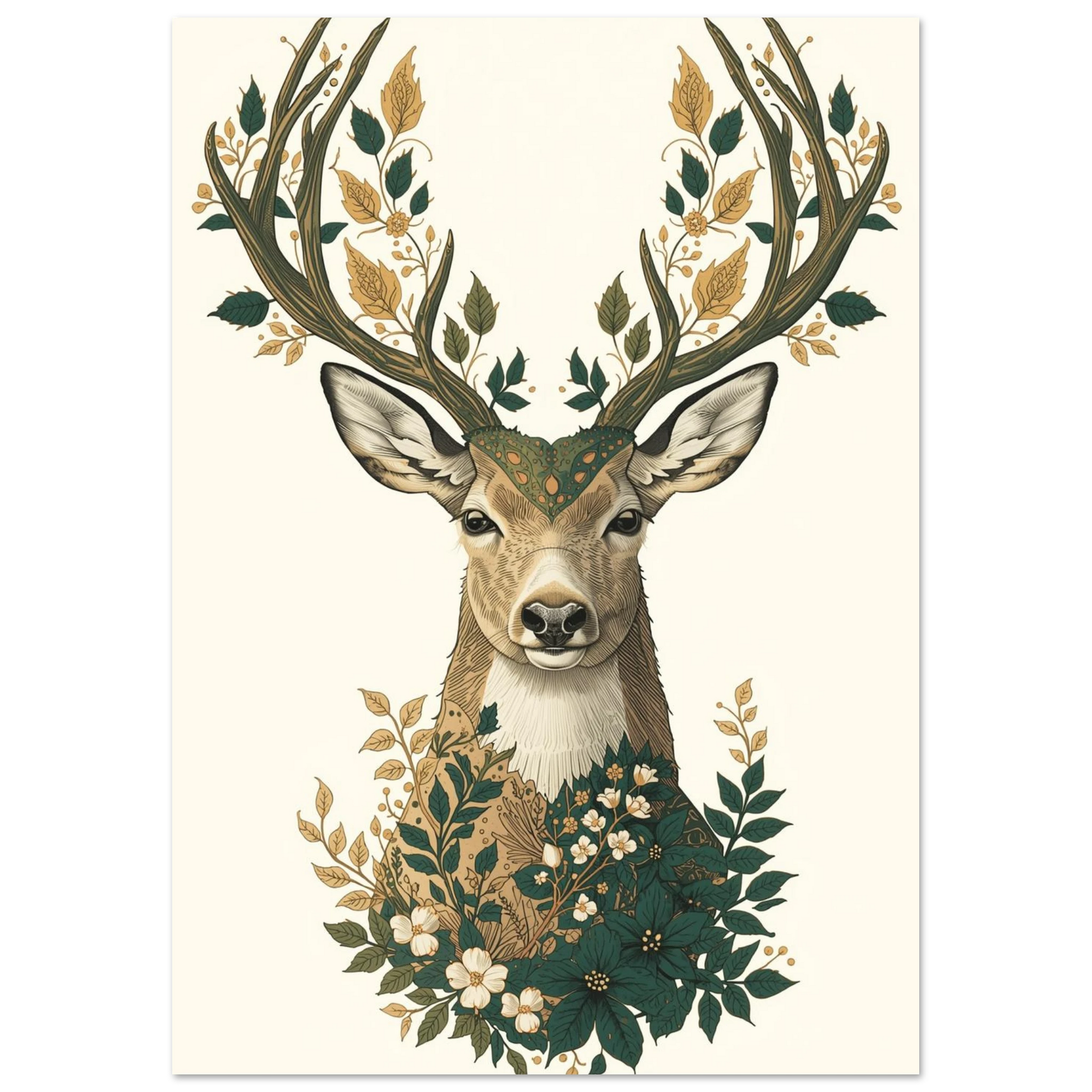 Symmetriskt hjortporträtt med blommande horn i jordnära och gröna nyanser