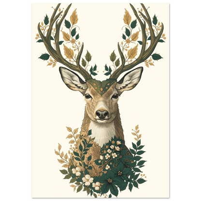 Symmetriskt hjortporträtt med blommande horn i jordnära och gröna nyanser