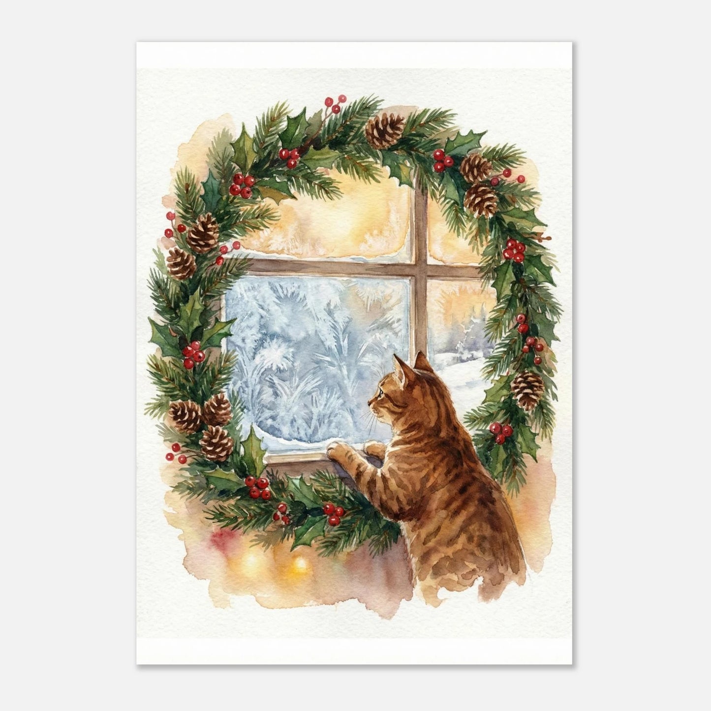 Stämningsfull djurposter med katt i varm inomhusmiljö mot kallt vinterlandskap