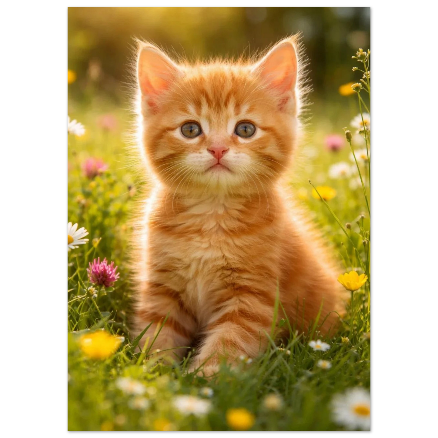 Orange kattunge i solljus, bland vita och rosa blommor – Fotorealistisk poster