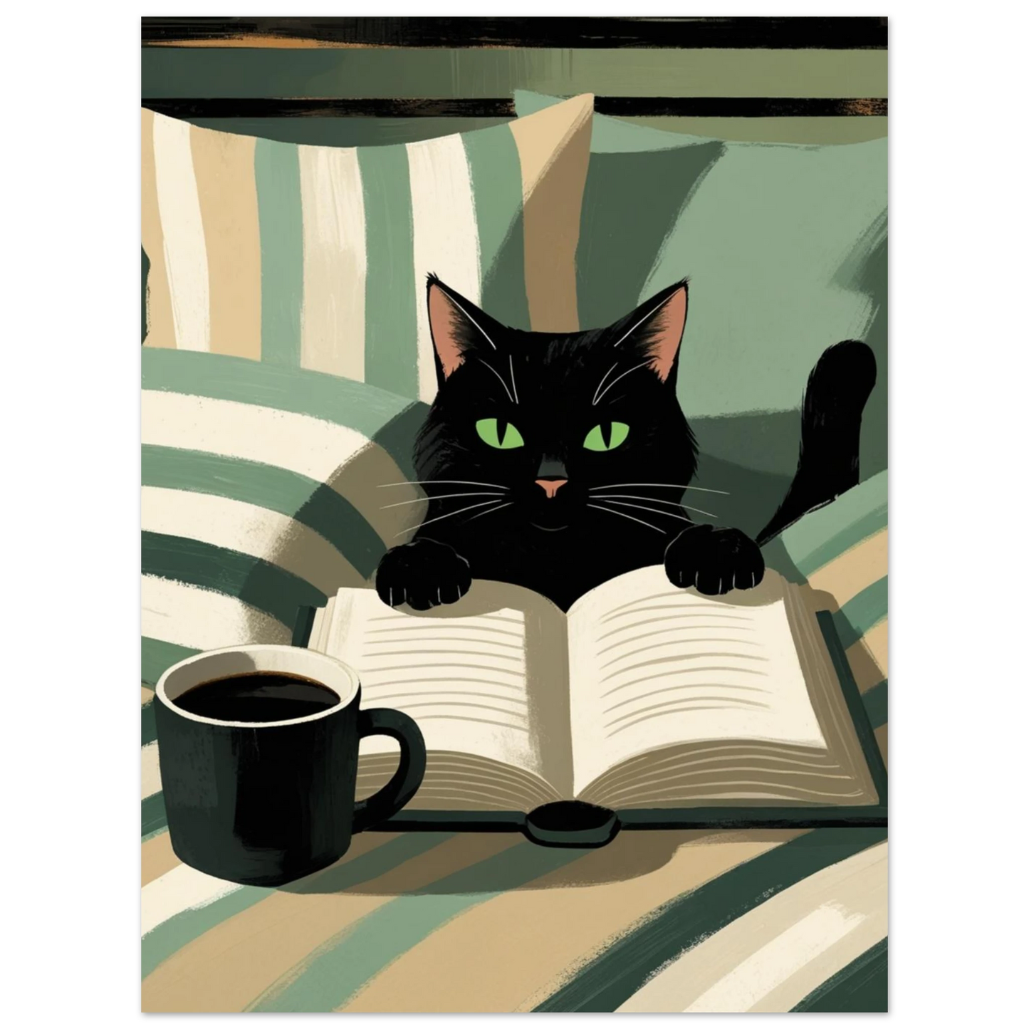 Svart katt med kaffemugg och öppen bok, konstnärlig poster i olivgrönt