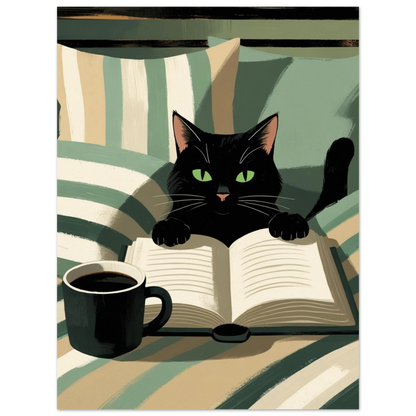 Svart katt med kaffemugg och öppen bok, konstnärlig poster i olivgrönt