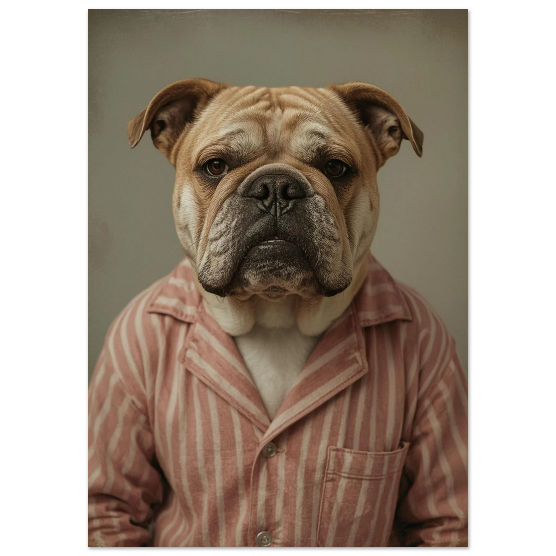 Allvarlig bulldog iklädd gammaldags randig pyjamasjacka, unik djurposter i sepia