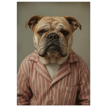 Allvarlig bulldog iklädd gammaldags randig pyjamasjacka, unik djurposter i sepia