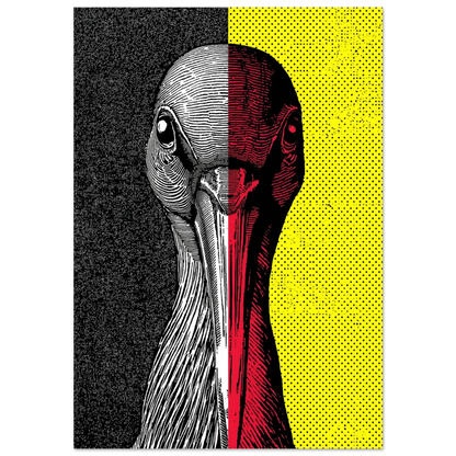 Träskonäbb i popkonst-stil med röd och gul bakgrund – grafisk poster
