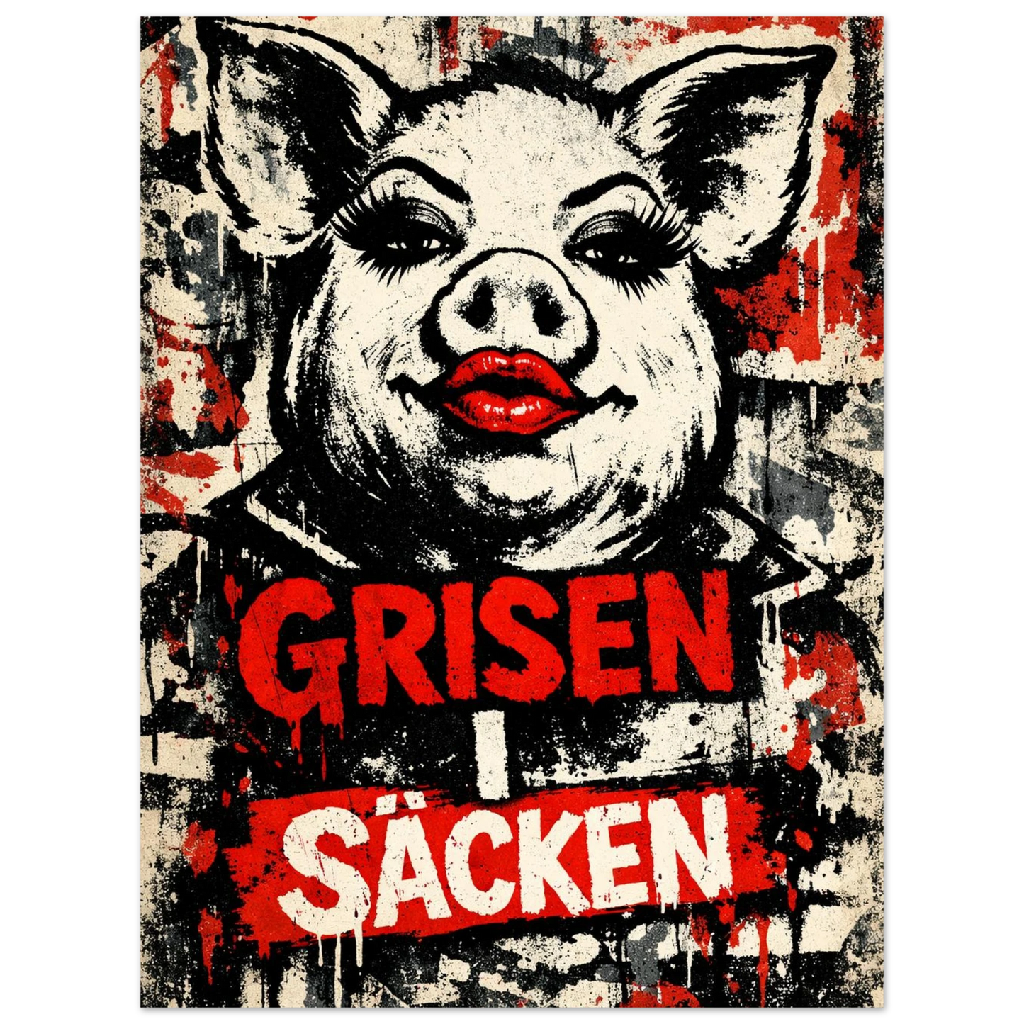 Svartvit gris med knallröda läppar mot en sliten bakgrund med grafisk text – Retro poster